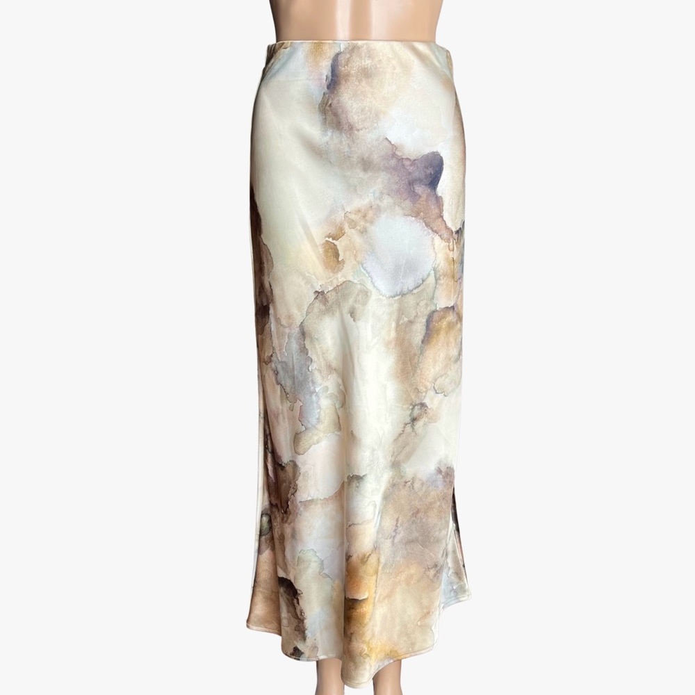 NWOT ZARA Satin Tie-Dye Midi Skirt XS/S Elastic Waist | Neutral Print